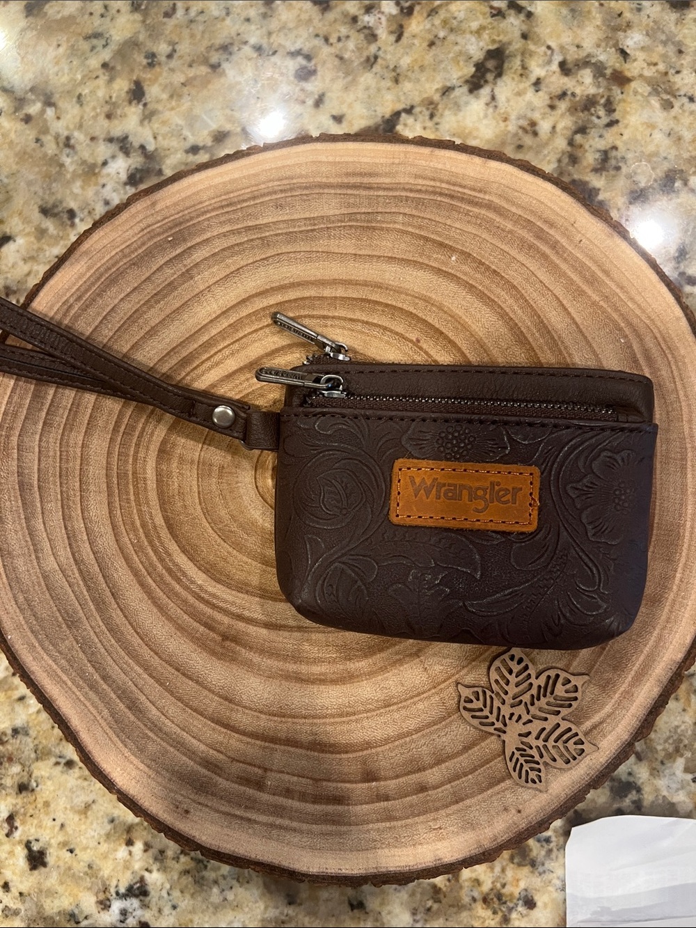 Wrangler Brown Embossed Leather Zip Wristlet